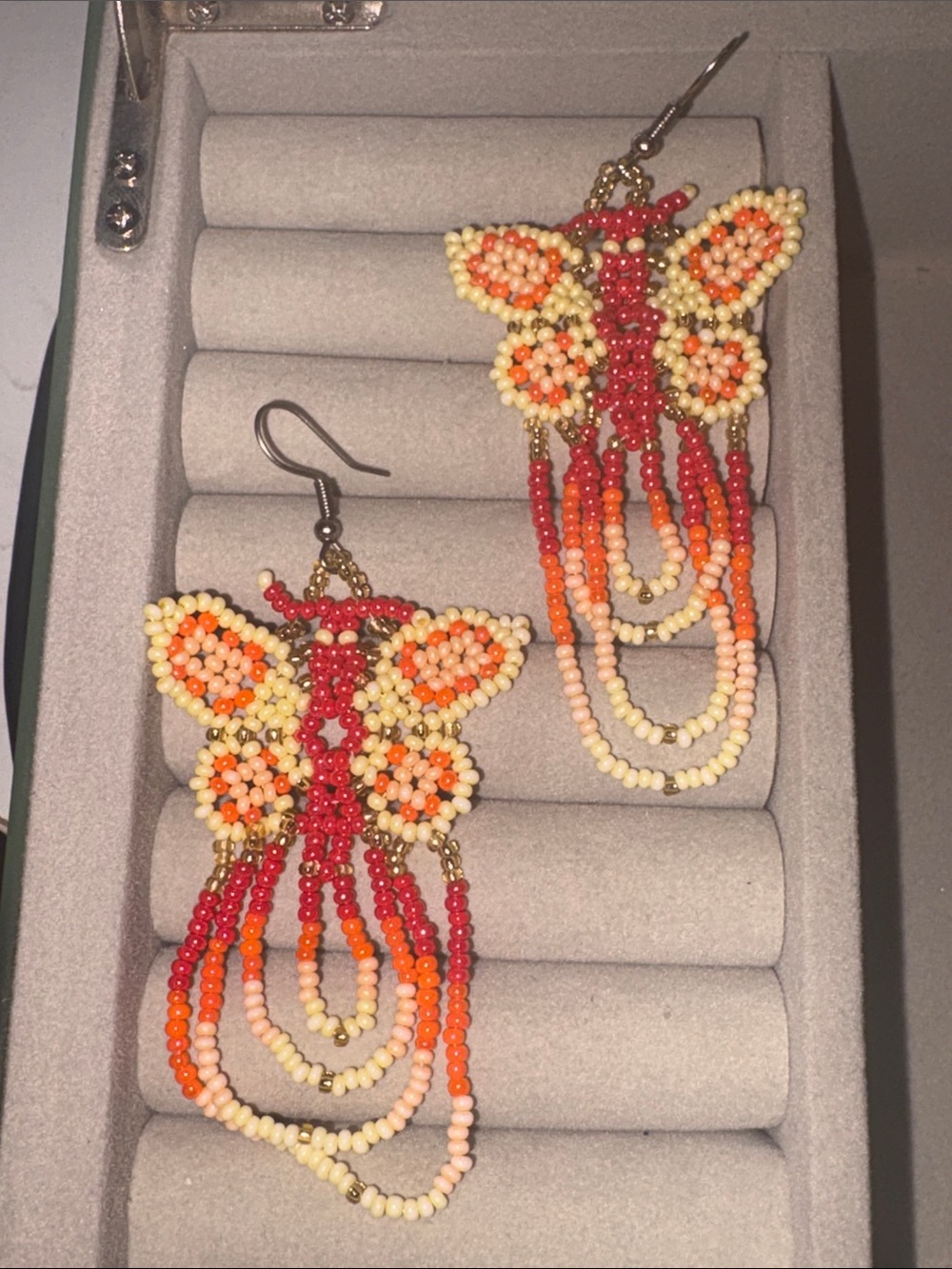 Handcrafted Butterfly Bead Dangle Earrings in Red, Orange & Cream
